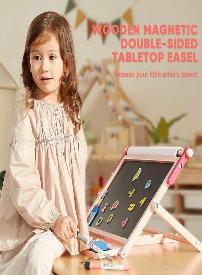 FUNLIO Double-Sided Tabletop Easel for Kids Ages 3+ (100+ Pcs), Wooden Magnetic Table Easel with 3 Adjustable Angles, Kids Easel with Whiteboard, Chalkboard & Paper Roll, Foldable&Anti-Warping - Pink - Image 2